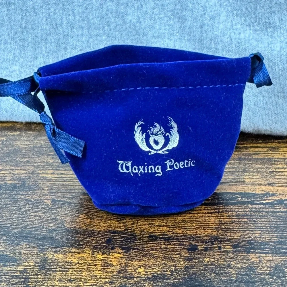 Waxing Poetic Drawstring Pouch Blue Velvet Jewelry Gift Bag Vintage Logo